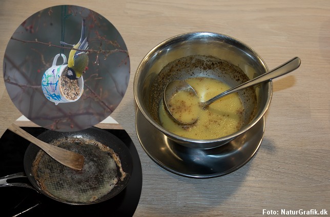 Genbrug fedtrester fra panden, sovsen m.m. og bland det med fuglefrø i en kop.