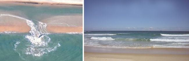 Et revlehul, også kaldet hestehul, er en åbning i revlen, hvor der tidvis kan være udadgående strøm som på foto til venstre (aquaworld.com.mx). Revlehuller kan af og til erkendes ved at bølgerne ikke bryder over hullet som foto til højre (ripcurrents.noaa.gov).