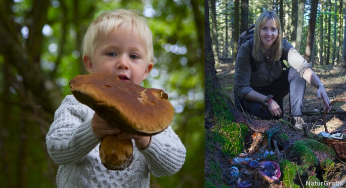Forfatteren på svampetur med sønnike, der har fundet en stor rørhat. 
