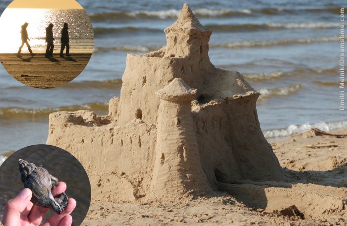 Det er faktisk ofte nemmere at bygge flotte sandslotte om efteråret. Der er desuden meget mere at finde på stranden. Fotos: Sabine Jensen, NaturGrafik & Dmitri Melnik, Dreamstime.
